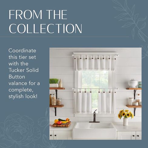 Elrene Home Fashions Tucker Solid Button Tier Window Curtains for Kitchen or Bathroom, 30 Inches by 36 Inches, White, Set of 2 in Kuwait