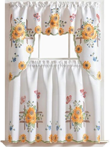 GOHD 3pcs Farmhouse Kitchen Cafe Curtain Set Air Brushed by Hand of Sunflower and Butterfly Design on Thick Satin Fabric (Swag and 24 inches Tiers Set) in Saudi Arabia