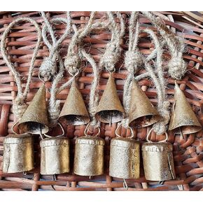 HIGHBIX 4cm Small Vintage Rustic Lucky Tin Metal Cow Bells Handmade Christmas Décor Bells on Jute Rope (10, Cone)