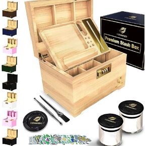 Premium Large Bamboo Box - Decorative Box Wooden Locking Storage Box with Rolling Tray - Decorative Wood Box for Herbs and Accessories - Decorative Box Set with Combination Lock