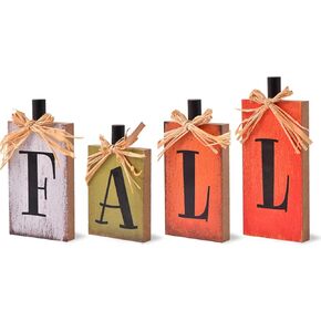 Fall Decorations for Home, 4 Pcs Rustic Farmhouse Home Decor Signs, FALL Centerpieces for Tables, Autumn Decor Sign Block Set for Thanksgiving Party Harvest Kitchen Tiered Tray Mantel (4