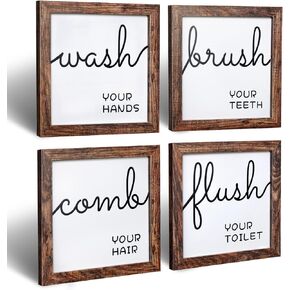 Q.Hou مجموعة ديكور جدار الحمام مكونة من 4 قطع، ديكور جداري لمنزل المزرعة الخشبي الريفي، ديكور لافتات الحمام (QH-BD8X8-BR2) in Kuwait