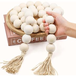 AceList 70" Long Large Wood Bead Garland with 1.6" Diameter Wooden Beads Tassel for Rustic Farmhouse Decor, Prayer Decorative Beads for Tiered Tray Coffee Table, Mantel Garland for Boho Decor(White) in Kuwait