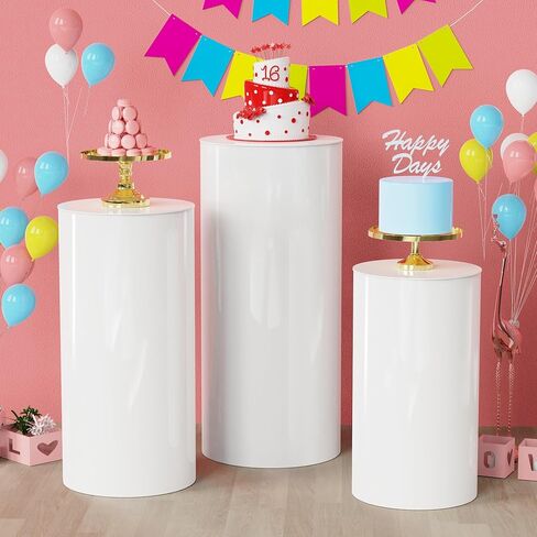 قاعدة أسطوانية مستديرة بيضاء 3 قطع أعمدة حامل قاعدة عرض طاولات أسطوانية للحفلات وأعمدة الزفاف وطاولات الحلوى وحفلات أعياد الميلاد وديكور الحفلات 15.7*35.4 بوصة (طول)، 14.2*29.5 بوصة (متوسط)، 13*23.6 بوصة (صغير) in Kuwait