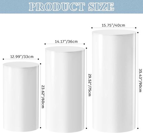 قاعدة أسطوانية مستديرة بيضاء 3 قطع أعمدة حامل قاعدة عرض طاولات أسطوانية للحفلات وأعمدة الزفاف وطاولات الحلوى وحفلات أعياد الميلاد وديكور الحفلات 15.7*35.4 بوصة (طول)، 14.2*29.5 بوصة (متوسط)، 13*23.6 بوصة (صغير) in Kuwait