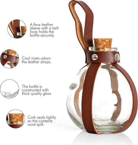 زجاجة Skeleteen Dark Magic Potion - حامل زجاجي بني مع سدادة من الفلين وحزام من الجلد الصناعي مع حلقة حافظة in Kuwait