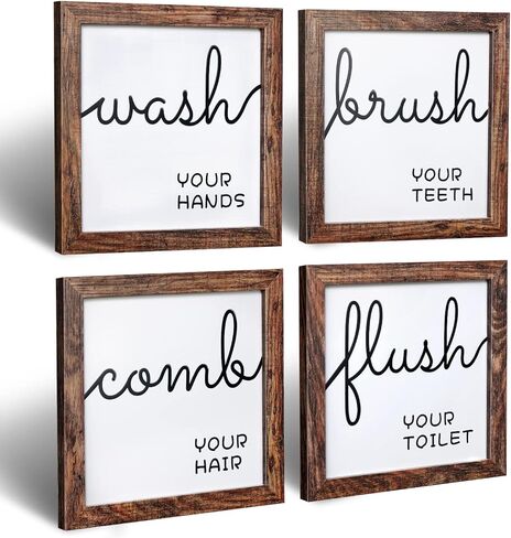 Q.Hou مجموعة ديكور جدار الحمام مكونة من 4 قطع، ديكور جداري لمنزل المزرعة الخشبي الريفي، ديكور لافتات الحمام (QH-BD8X8-BR2) in Kuwait