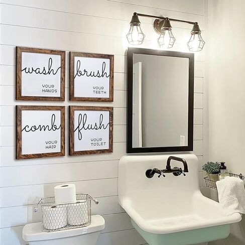 Q.Hou مجموعة ديكور جدار الحمام مكونة من 4 قطع، ديكور جداري لمنزل المزرعة الخشبي الريفي، ديكور لافتات الحمام (QH-BD8X8-BR2) in Kuwait