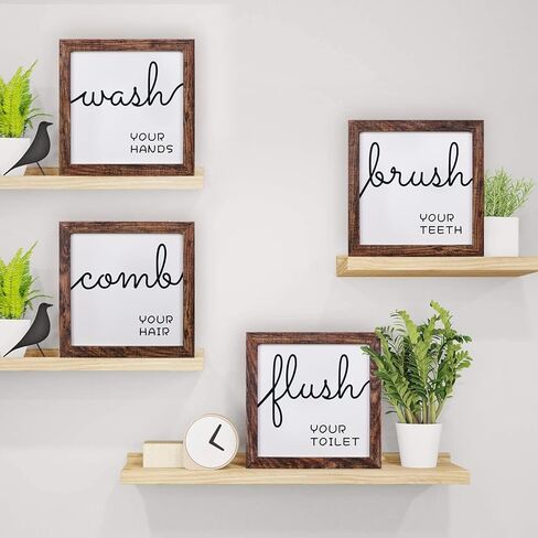 Q.Hou مجموعة ديكور جدار الحمام مكونة من 4 قطع، ديكور جداري لمنزل المزرعة الخشبي الريفي، ديكور لافتات الحمام (QH-BD8X8-BR2) in Kuwait