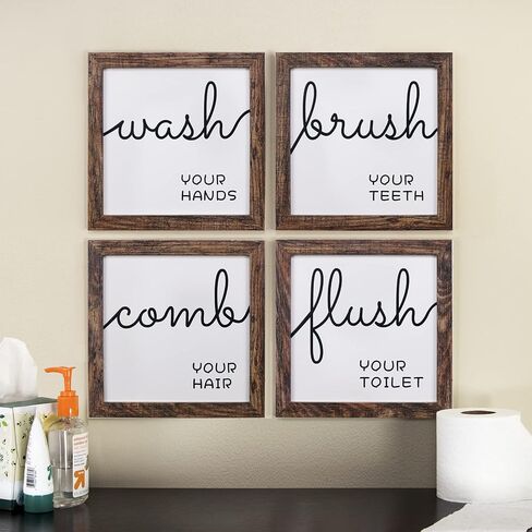 Q.Hou مجموعة ديكور جدار الحمام مكونة من 4 قطع، ديكور جداري لمنزل المزرعة الخشبي الريفي، ديكور لافتات الحمام (QH-BD8X8-BR2) in Kuwait