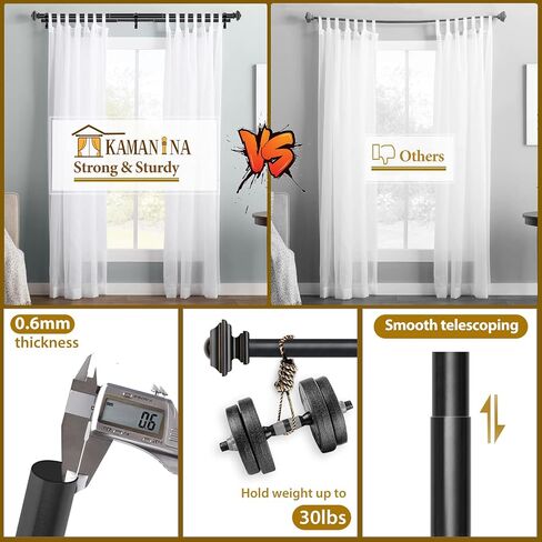 KAMANINA 1 Inch Double Curtain Rods 36 to 72 Inches (3-6 Feet) Telescoping Dark Silver Curtain Rod for Windows 24 to 68 Inches, Heavy Duty Drapery Rods with Square Finials in Kuwait