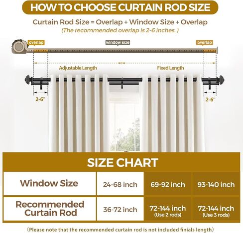 KAMANINA 1 Inch Double Curtain Rods 36 to 72 Inches (3-6 Feet) Telescoping Dark Silver Curtain Rod for Windows 24 to 68 Inches, Heavy Duty Drapery Rods with Square Finials in Kuwait