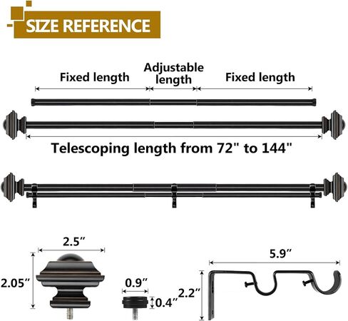 KAMANINA 1 Inch Double Curtain Rods 36 to 72 Inches (3-6 Feet) Telescoping Dark Silver Curtain Rod for Windows 24 to 68 Inches, Heavy Duty Drapery Rods with Square Finials in Kuwait
