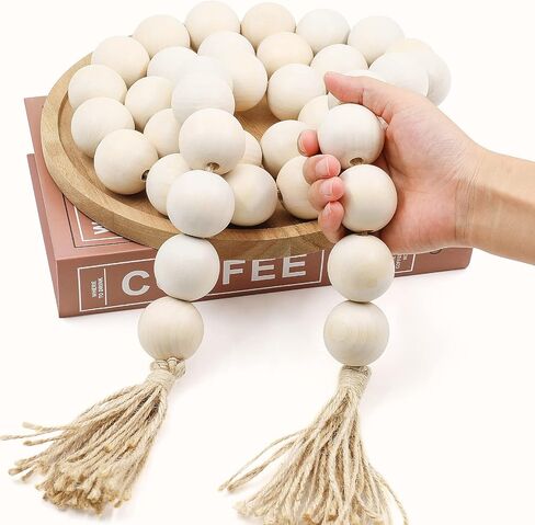 AceList 70" Long Large Wood Bead Garland with 1.6" Diameter Wooden Beads Tassel for Rustic Farmhouse Decor, Prayer Decorative Beads for Tiered Tray Coffee Table, Mantel Garland for Boho Decor(White) in Kuwait