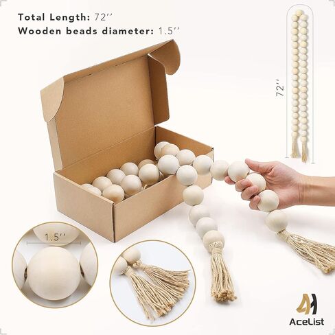 AceList 70" Long Large Wood Bead Garland with 1.6" Diameter Wooden Beads Tassel for Rustic Farmhouse Decor, Prayer Decorative Beads for Tiered Tray Coffee Table, Mantel Garland for Boho Decor(White) in Kuwait