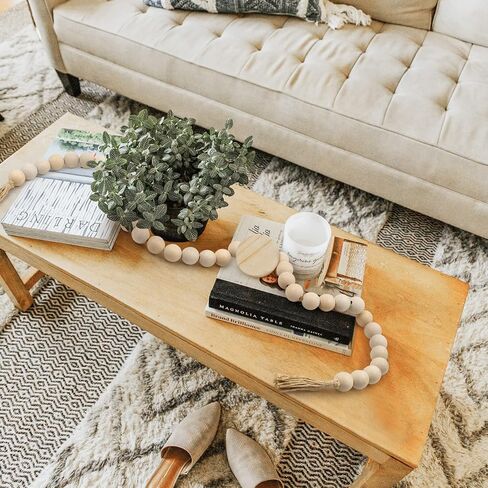 AceList 70" Long Large Wood Bead Garland with 1.6" Diameter Wooden Beads Tassel for Rustic Farmhouse Decor, Prayer Decorative Beads for Tiered Tray Coffee Table, Mantel Garland for Boho Decor(White) in Kuwait