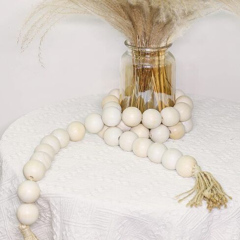 AceList 70" Long Large Wood Bead Garland with 1.6" Diameter Wooden Beads Tassel for Rustic Farmhouse Decor, Prayer Decorative Beads for Tiered Tray Coffee Table, Mantel Garland for Boho Decor(White) in Kuwait
