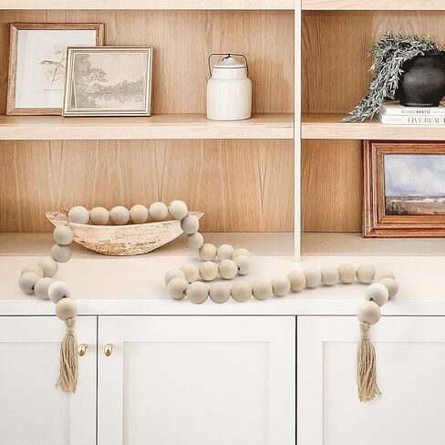 AceList 70" Long Large Wood Bead Garland with 1.6" Diameter Wooden Beads Tassel for Rustic Farmhouse Decor, Prayer Decorative Beads for Tiered Tray Coffee Table, Mantel Garland for Boho Decor(White) in Kuwait