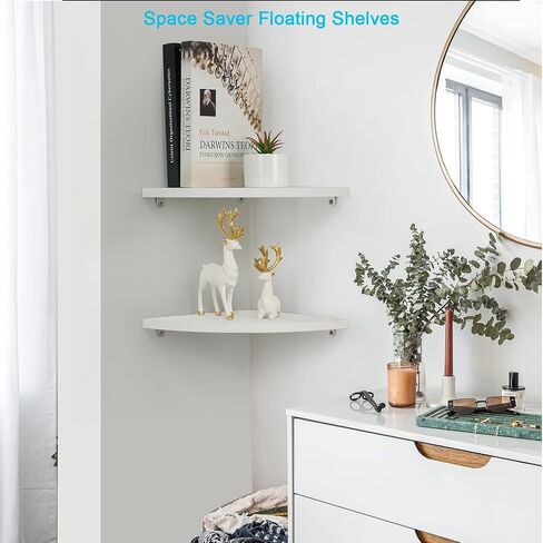 10 inch Corner Wall Shelf Set of 2, Solid Wood Corner Floating Shelves for Wall, Round End Wall Mounted Floating Shelf for Bedroom, Living Room and Kitchen (White-10 inch) in Kuwait