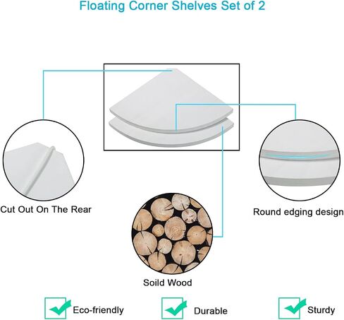 10 inch Corner Wall Shelf Set of 2, Solid Wood Corner Floating Shelves for Wall, Round End Wall Mounted Floating Shelf for Bedroom, Living Room and Kitchen (White-10 inch) in Kuwait