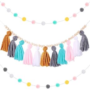 Syhood Boho Tassel Garland Tassel Wall Hanging Decor Pastel Tassel Banner with Wood Beads and 2 Pcs Colorful Pom Pom Ball Garland for Classroom Party Kid Bedroom Baby Shower Supplies(Charming Colors)