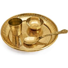 Satvik Brass 4 Pc Bhog Thali Set for Laddu Gopal Brass Bhog Thali with Glass, Bhog Bowl and Pooja Spoon for Home and Temple Kanha Ji Bhog Plate Set