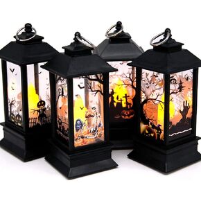 Halloween Portable Lanterns Orange Candle LED Halloween Lamp Lights, Spooky Skeleton Owl Bat Castle Flame Lights Hanging Lanterns in Kuwait