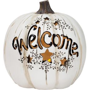 Mark Feldstein Welcome LED Pumpkin Orange 7 x 7 Resin Stone Harvest Collectible Figurine