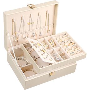 Voova Jewelry Box Organizer for Women Girls, 2 Layer Large Men Jewelry Storage Case, PU Leather Display Jewellery Holder with Removable Tray for Necklace Earrings Rings Bracelets, Vintage Gift,Apricot