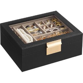 SONGMICS Jewelry Box with Glass Lid, 2-Layer Jewelry Organizer with Removable Tray, Jewelry Storage, Modern Style, Gift for Loved Ones, Cloud White and Metallic Gold UJBC238W01