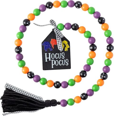 Halloween Hocus Pocus Wood Bead Garland 41.3 inches Wood Bead Garland with Jute Rope Plaid Tassel Hocus Pocus Tag Farmhouse Wood Beads Natural Fall String Hanging Décor for Nursery Room in Saudi Arabia
