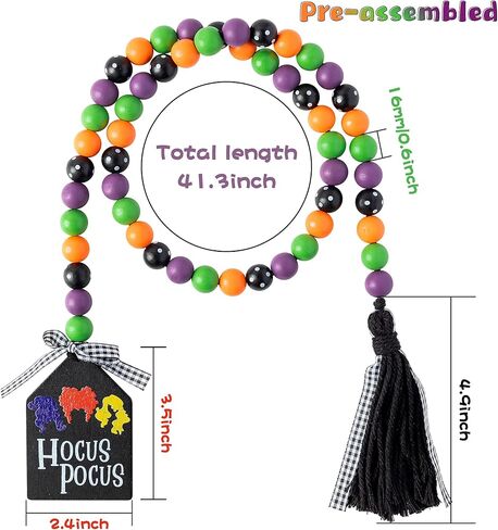 Halloween Hocus Pocus Wood Bead Garland 41.3 inches Wood Bead Garland with Jute Rope Plaid Tassel Hocus Pocus Tag Farmhouse Wood Beads Natural Fall String Hanging Décor for Nursery Room in Saudi Arabia