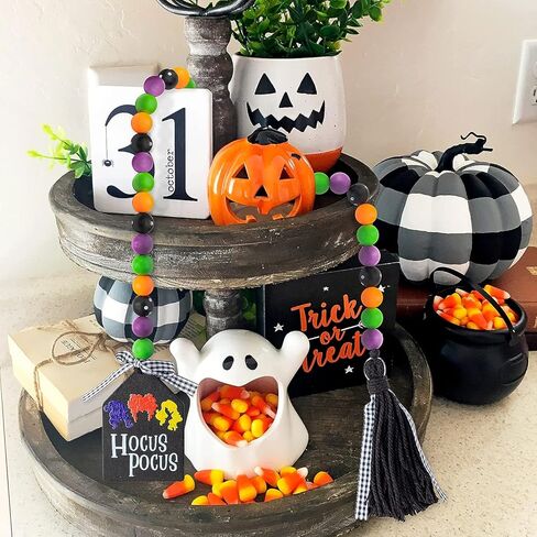 Halloween Hocus Pocus Wood Bead Garland 41.3 inches Wood Bead Garland with Jute Rope Plaid Tassel Hocus Pocus Tag Farmhouse Wood Beads Natural Fall String Hanging Décor for Nursery Room in Saudi Arabia