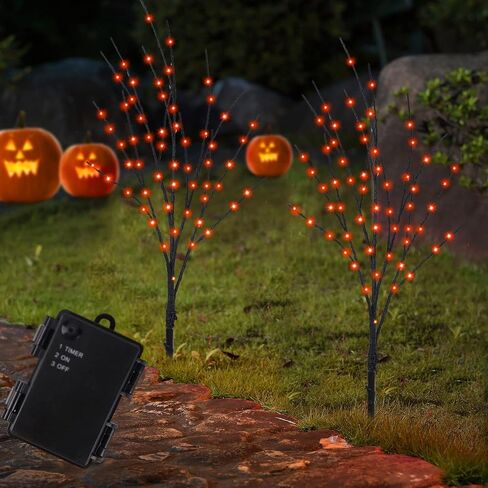 فروع شجرة الهالوين المضيئة، فرع غصين أسود صناعي 30 بوصة 100 LED مع أضواء الجنية الأرجوانية والبرتقالية، مؤقت مدمج ويعمل بالبطارية، مقاوم للماء لتزيين حديقة الحديقة في الهواء الطلق in Kuwait