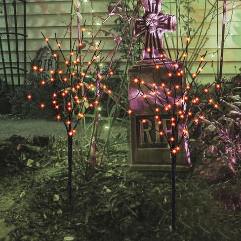فروع شجرة الهالوين المضيئة، فرع غصين أسود صناعي 30 بوصة 100 LED مع أضواء الجنية الأرجوانية والبرتقالية، مؤقت مدمج ويعمل بالبطارية، مقاوم للماء لتزيين حديقة الحديقة في الهواء الطلق in Kuwait