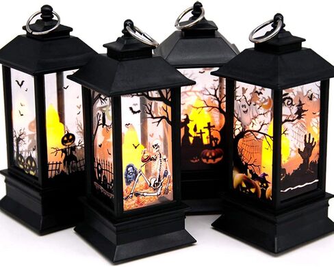 Halloween Portable Lanterns Orange Candle LED Halloween Lamp Lights, Spooky Skeleton Owl Bat Castle Flame Lights Hanging Lanterns in Kuwait