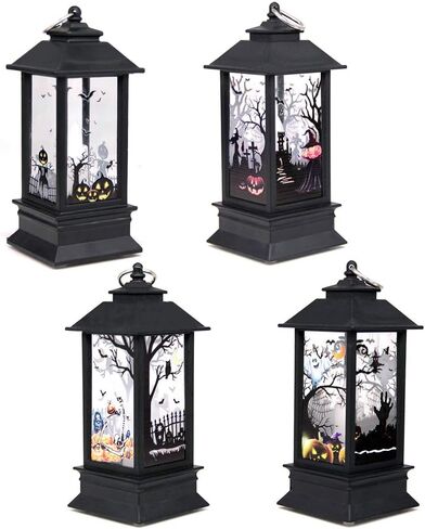 Halloween Portable Lanterns Orange Candle LED Halloween Lamp Lights, Spooky Skeleton Owl Bat Castle Flame Lights Hanging Lanterns in Kuwait
