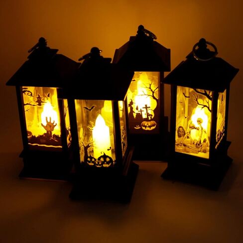 Halloween Portable Lanterns Orange Candle LED Halloween Lamp Lights, Spooky Skeleton Owl Bat Castle Flame Lights Hanging Lanterns in Kuwait