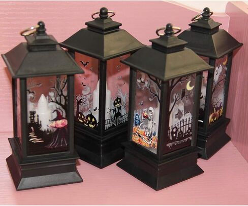 Halloween Portable Lanterns Orange Candle LED Halloween Lamp Lights, Spooky Skeleton Owl Bat Castle Flame Lights Hanging Lanterns in Kuwait