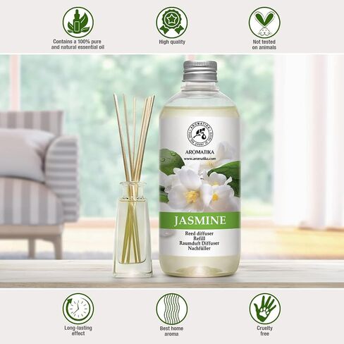 Reed Diffuser Refill Jasmine with Jasmine Essential Oil 34 Fl Oz - 2x500ml - Fragrance Oil Reed Diffuser Refill - Jasmine Room Freshener - Floral Fragrance - Fresh and Long Lasting Fragrance in Saudi Arabia
