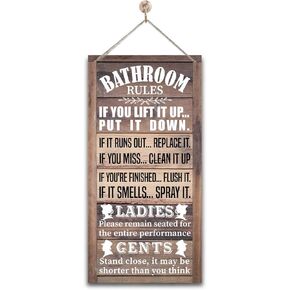 Hanging Bathroom Rules Wood Decor Sign, Rustic Toilet Wooden Signs, Printed Wood Wall Art Sign, Bathroom Door Rules Rustic Sign, Hanging Wood Sign Toilet Decor, Funny Farmhouse Toilet Wall Décor