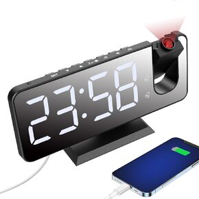 Projection Alarm Clock for Bedroom, Digital Alarm Clock with USB Charger, 7.4" Large LED Mirror Display Radio Alarm Clock, Dual Smart Alarm with Projection on Ceiling, Black