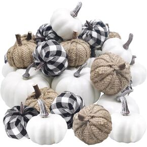 مجموعة يقطين صناعية متنوعة مكونة من 24 قطعة، يقطين ابيض، قماش منقوش باللونين الاسود والابيض والقرع والكتان بمقاسات مختلفة، يقطين صناعي واقعي للهالوين، ديكور حفلات عيد الشكر in Kuwait