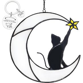 Stained Glass Window Hanging, Playing Cat on Moon Suncatcher for Window, Cat Lover Gifts for Women, Cat Memorial Gifts for Loss of Cat, Wall Decor for Loss of Cat Sympathy Gift（White Moon）