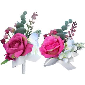 Campsis Corsage and Boutonniere Set Blue Corsage Wristlet Prom Flower Wrist Corsage Prom Accessories for Wedding and Dinner Party(2pcs)