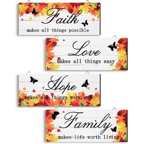 4 Pieces Fall Door Decoration Maple Door Plaque Faith Hope Family Wood Sign Maple Leaf Hanging Sign Rustic Farmhouse Hanging Decor for Home Living Room Supplies, 10 x 4 Inch (Elegant Style) in Saudi Arabia