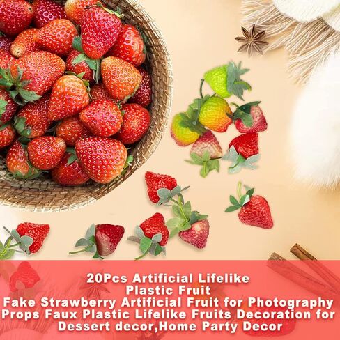 20 قطعة من الفواكه الاصطناعية من زد جي كيو اتش زد ار، فاكهة فراولة اصطناعية اصطناعية للتصوير الفوتوغرافي من البلاستيك الصناعي لتزيين الكيك والحلوى وديكور الحفلات المنزلية in Kuwait