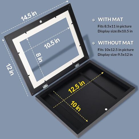 LaVie Home 10x12.5 Kids Artwork Picture Frame Black Frame 1 Pack- Displays 8.5x11 With Mat and 10x12.5 Without Mat - Composite Wood with Tempered Glass - Wall Mount, Horizontal and Vertical Display in Kuwait