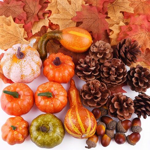 FEPITO 156 Pcs Fall Thanksgiving Decorations, Mini Artificial Pumpkins, Pine Cones, Fall Leaves, Acorns，Sun Flowers and Red Berries for Fall Party Decorations Thanksgiving Party Supplies in Saudi Arabia