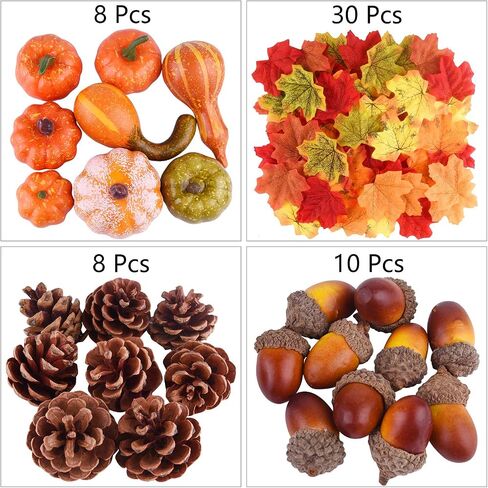 FEPITO 156 Pcs Fall Thanksgiving Decorations, Mini Artificial Pumpkins, Pine Cones, Fall Leaves, Acorns，Sun Flowers and Red Berries for Fall Party Decorations Thanksgiving Party Supplies in Saudi Arabia